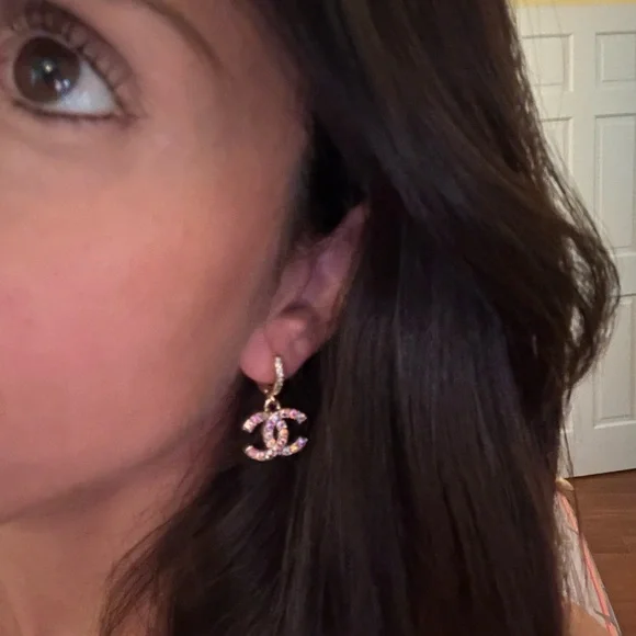 Iridescent Multicolor Chanel stamped Zipper Pull Crystal Earrings - Picture 7 of 9